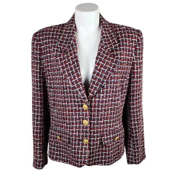 Vintage 80s Boucle Single Breasted Blazer Red White Blue Lion Insignia Buttons - Picture 1 of 15